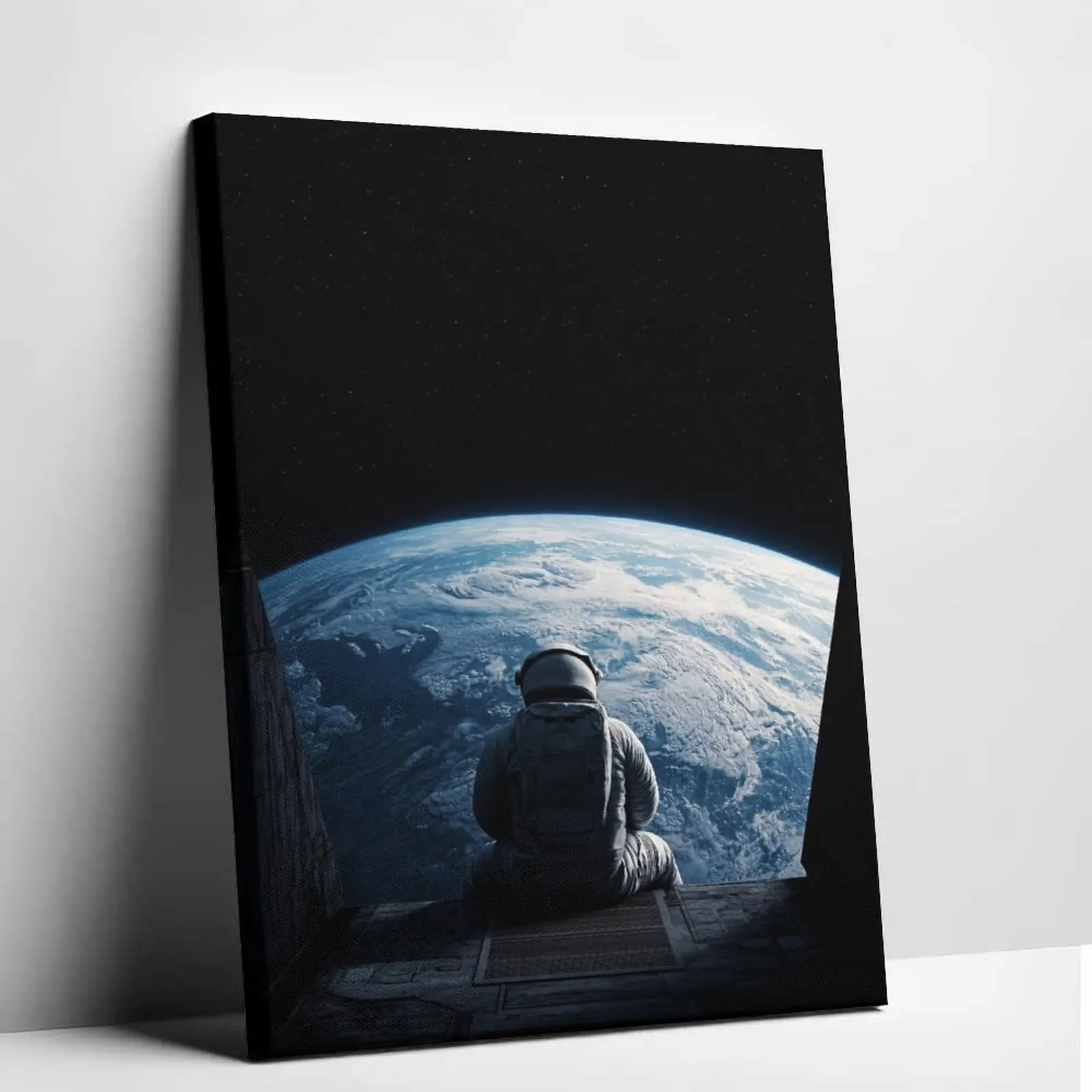 Astronaut on Spaceship Platform Looking at Earth Canvas Wall Art Print - Contemplative Cosmic Home Decor, High-Quality Stretched Poster for Living Room, Bedroom