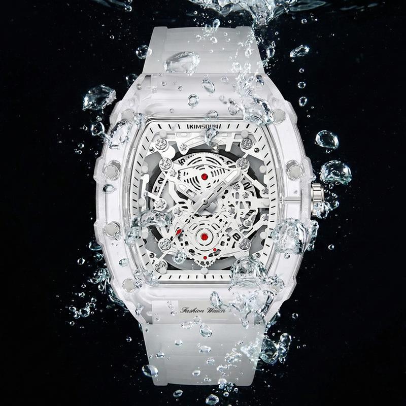 Men's Luxury Transparent Waterproof Barrel-Shaped Tonneau Skeleton Quartz Watch with Calendar Display & Luminous Markers Water Resistant Wristwatch for Daily Party & Outdoor Use Great Birthday Gift Idea with Tin Box Included