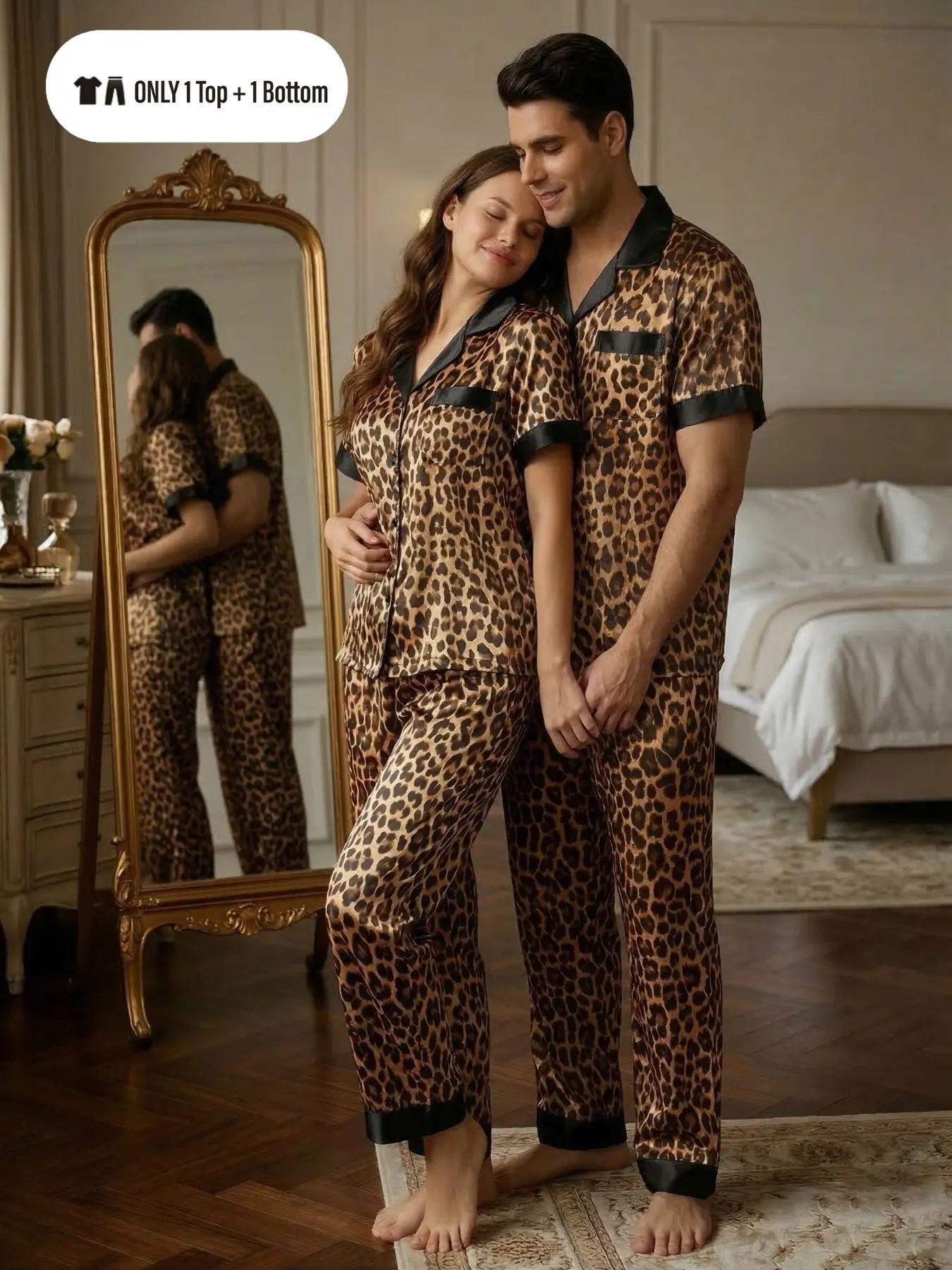 Couple Sleepwear Set, Short Sleeve Long Pants Two-Piece, Comfortable Home, Button Front Lapel Leopard Print, Fashion Casual Experience, Clothes, Clothing