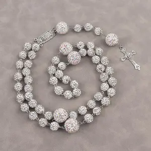 Long rosary cross necklace Sweater necklace Diamond gradient ball chain Men's and women's accessories Crystal cross pendant