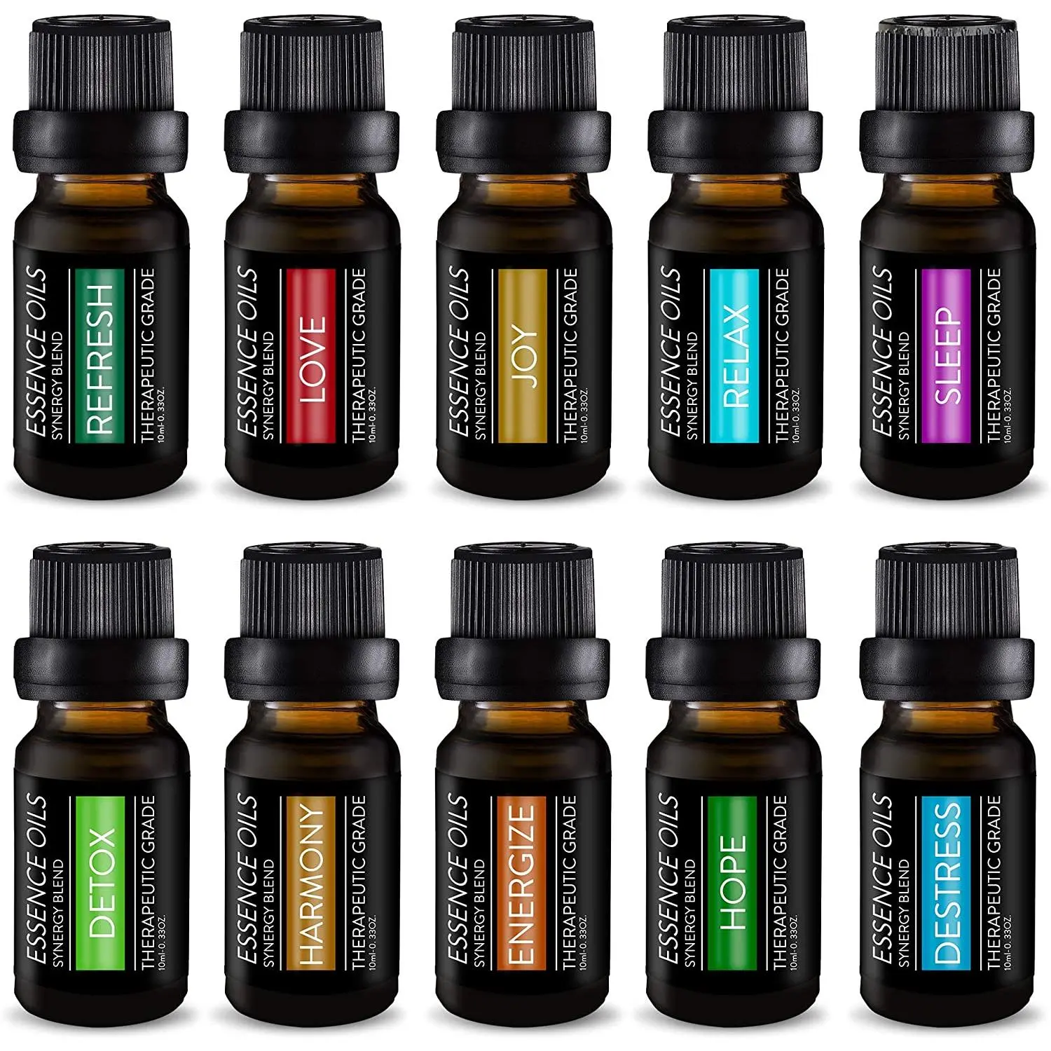 10-Piece Set of Essential Oil Synergy Blends for Mind, Body and Spirit Wellness - by Pure Daily Care