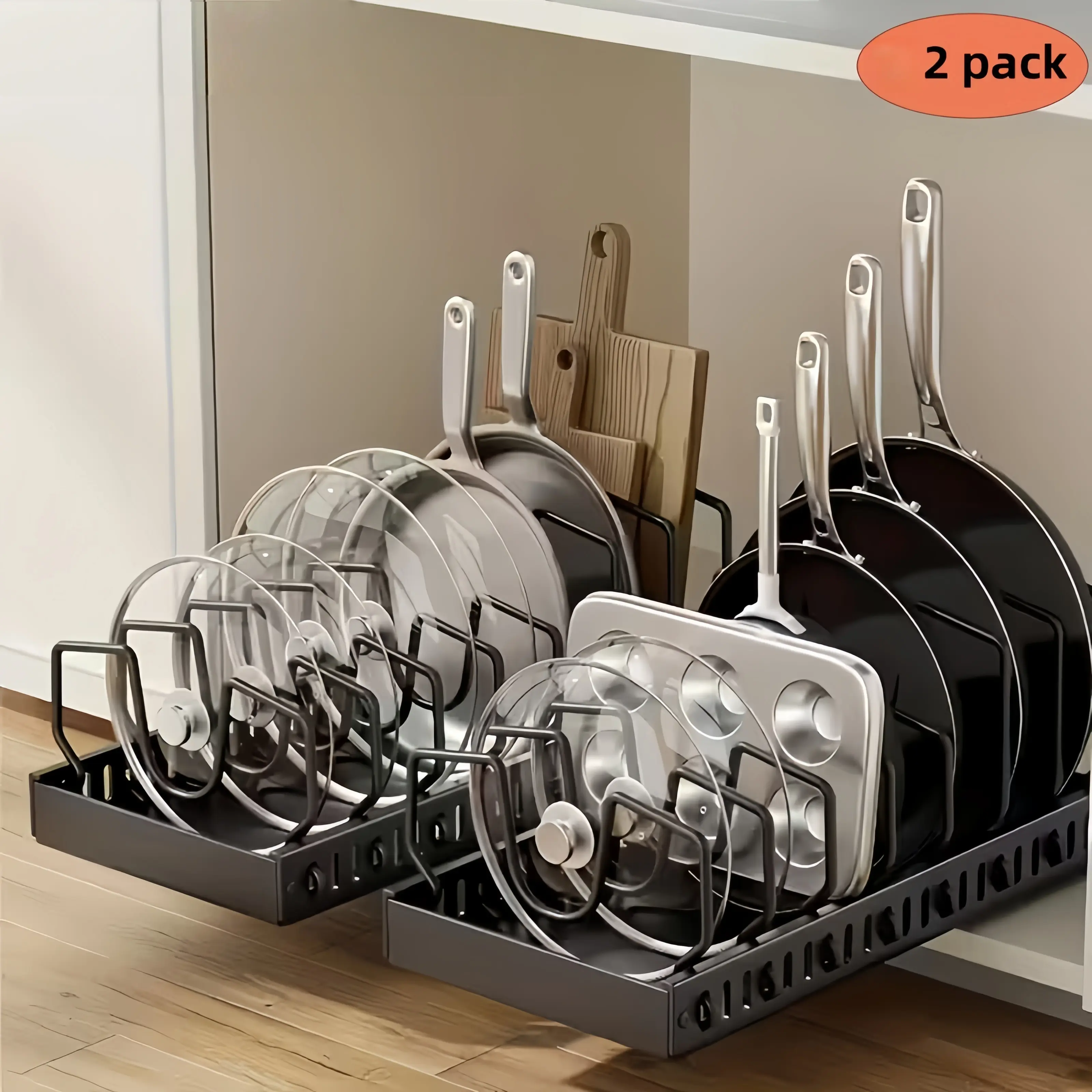 Black Pull-Out Slide Cabinet Organiser, 1/2-Piece Expandable Storage Rack with 8 Adjustable Shelves & Dividers, Easy Installation for Pots, Pans, Lids, Baking Utensils