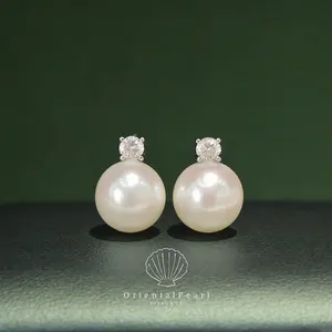 E08-Diana Studs White /Purple/Champagne Edison Round Pearl 9mm-10mm Good Luster Freshwater Pearls with S925 Sterling Silver Pin Part and Zircon Sparkle Design Earring Classic Choice Everyday Wearring