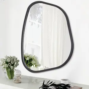 Black Asymmetrical Mirror Irregular Oval Wall Mirror Modern Wood Frame Unique Shape Wall Mounted Vanity Artistic Mirror Decorative for Living Room Bedroom Bathroom Entryway Large 16"x12"