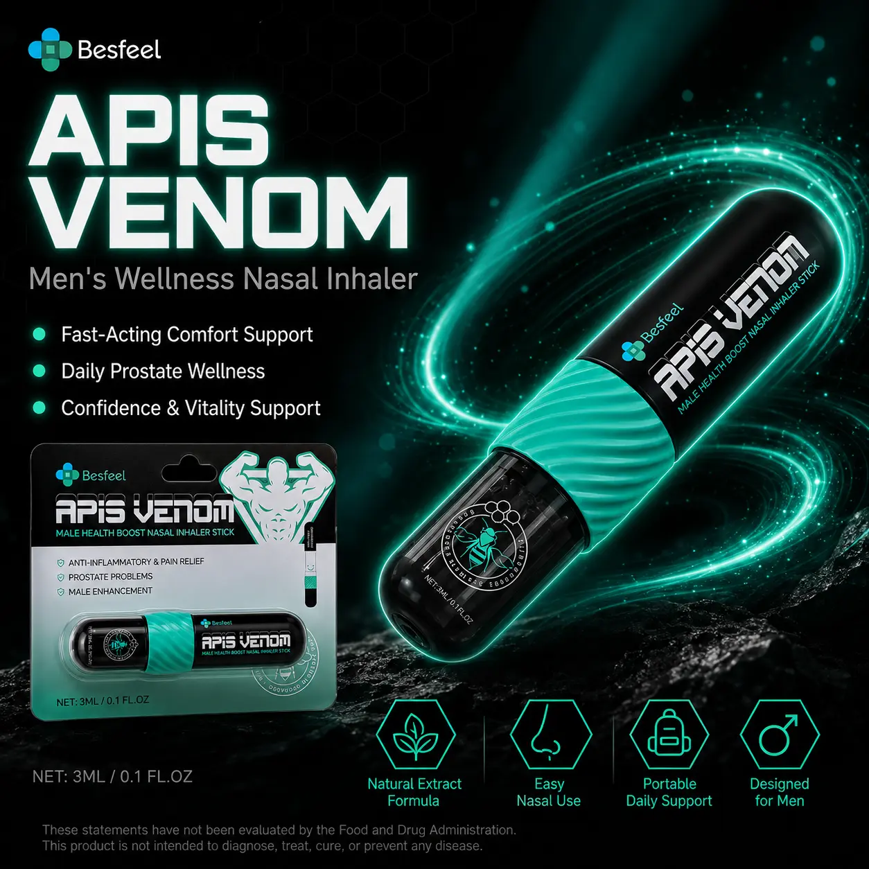 Besfeel Apis Venom Nasal Inhaler Stick | Natural Male Health Support | Supports Prostate Wellness & Healthy Inflammatory Response | Boosts Daily Vitality & Discomfort Relief | Portable Aromatherapy Stick | 1.5mL