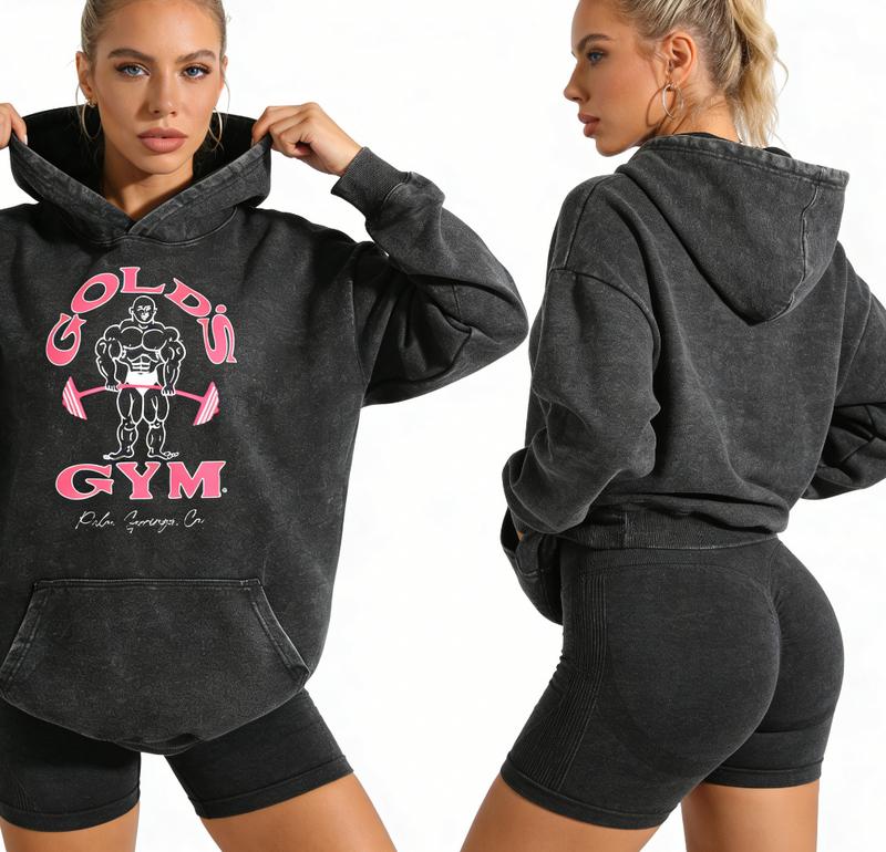 Holafish Women's Gold's Gym Print Acid Wash Hoodie Vintage 2026 Oversized Loose Fit Winter Warm Streetwear Casual Tunic Graphic Long Sleeve Sweatshirt