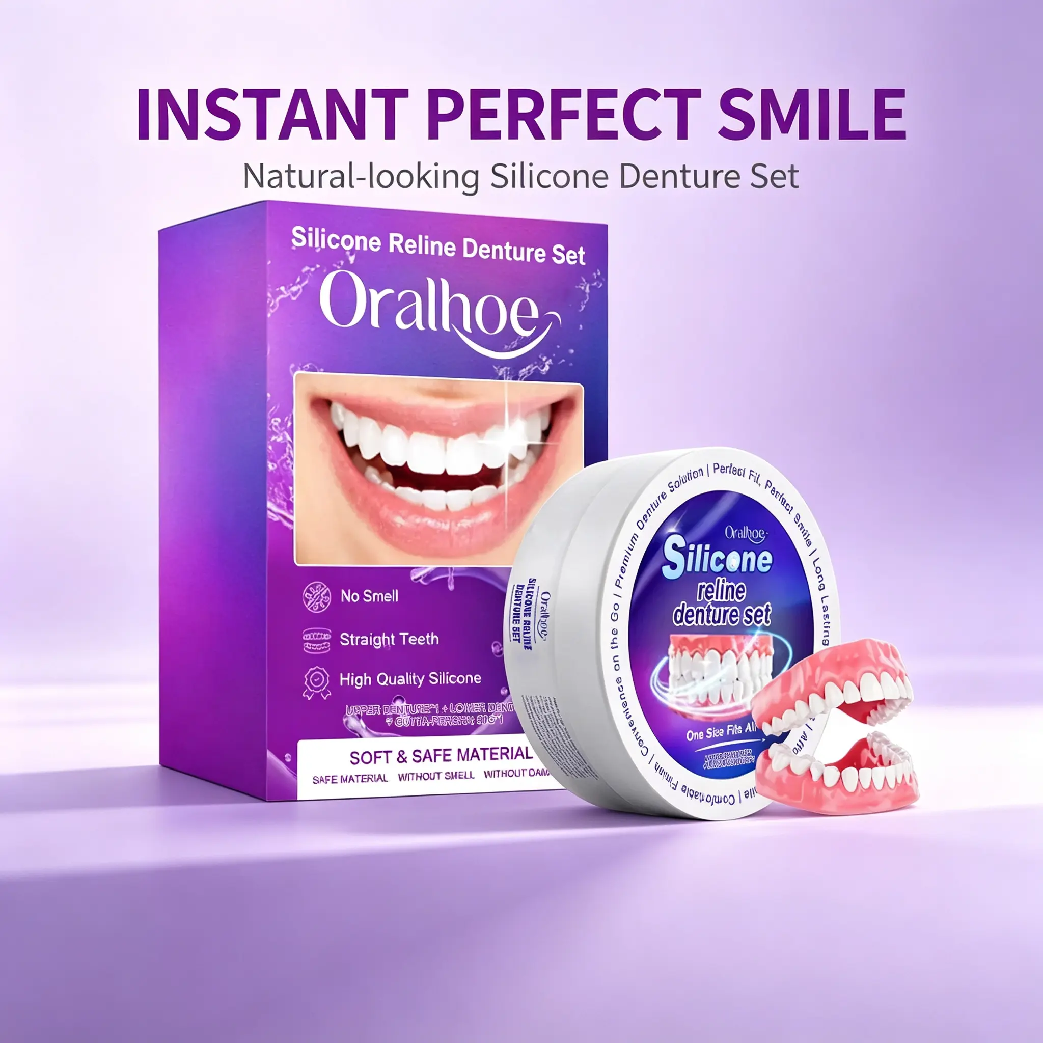 Silicone Reline Denture Set - Single Item, Removable Cosmetic Fake Teeth Veneers, Natural-Look Upper & Lower Tooth Covers, Comfortable Soft Silicone for Photo & Daily Social Use