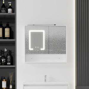 32-Inch Modern Wall Mount LED Ring Light Up Bathroom Mirror Cabinet, Anti-Fog Dimmable Touch Control, Open Recessed Storage Nook, Soft Close Double Doors, Moisture Resistant Solid Plywood Medicine Vanity for Shower, Powder Room, Wall Mirror