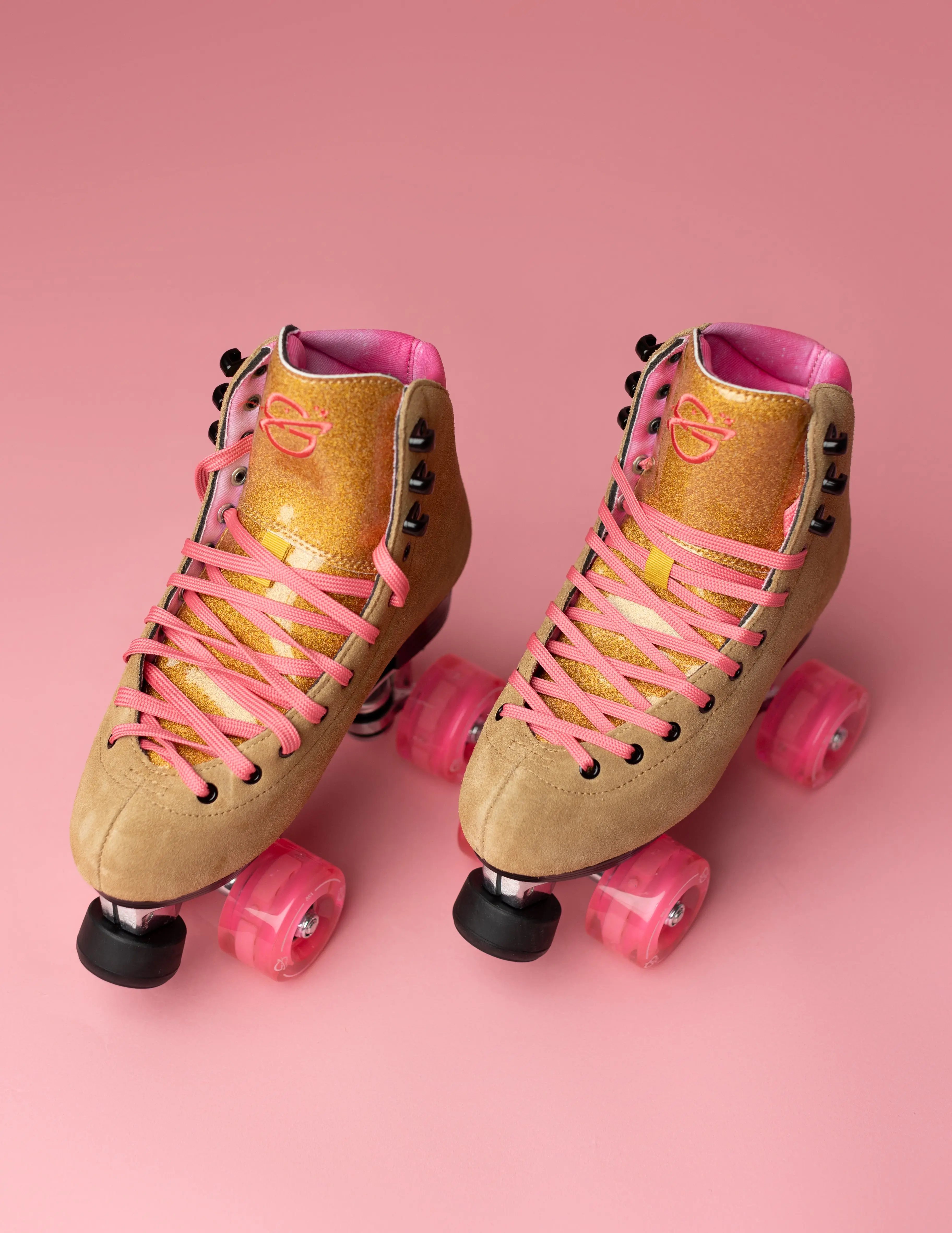 Galaxy Skates Quad Skate - Venus Rose with Pink Wheels, Tan Suede Leather, and Pink Lace-Up Design