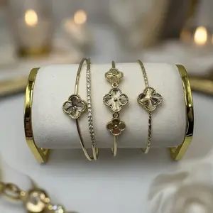 Lucky Girl Summer Triple Gold Clover Stack Bracelet Set Classic Bangle Diamond Lined Center Textured Beauty Good Luck & Glow Jewelry, price is per unit.