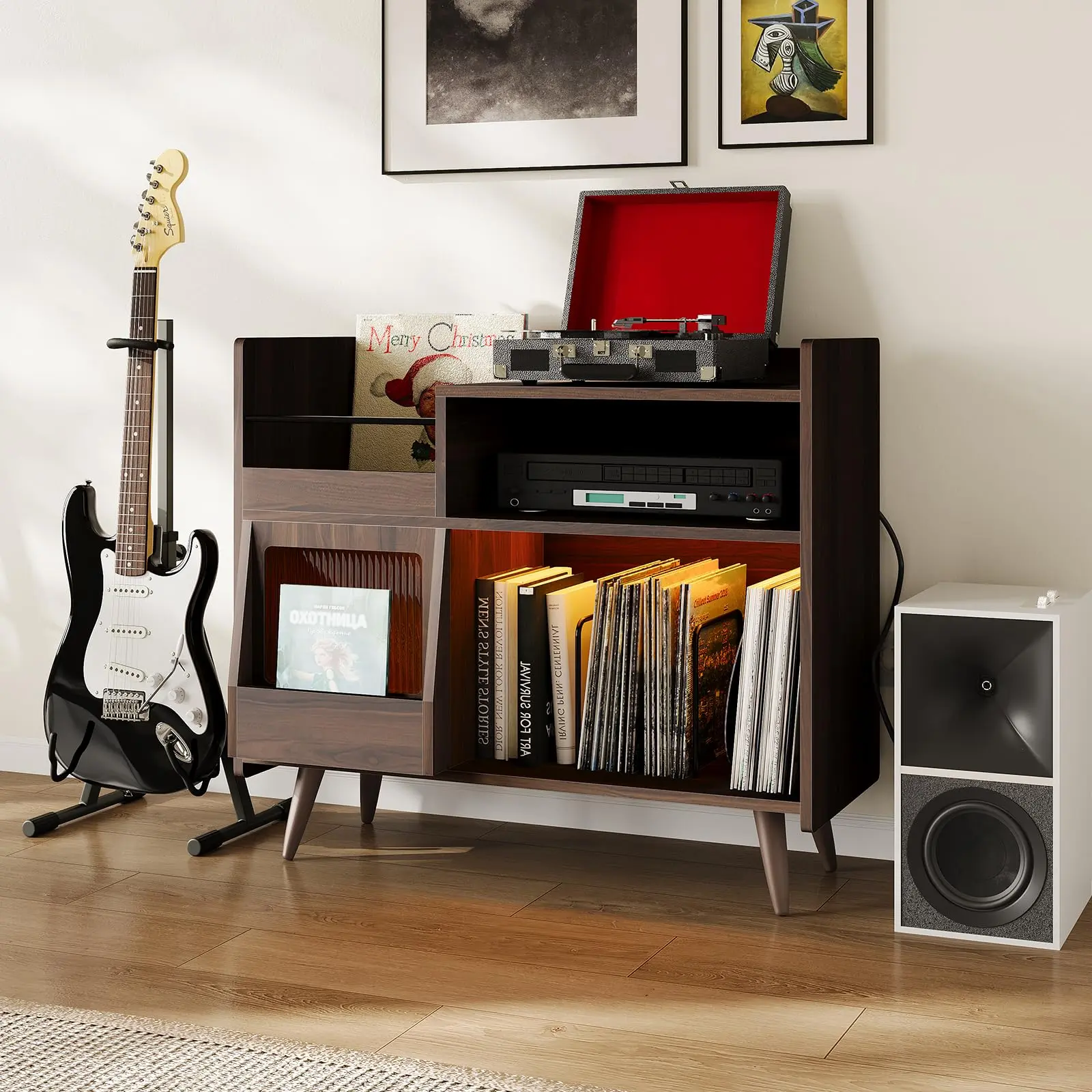 Large Record Player Stand, Vinyl Storage Cabinet Record Player Table with LED Light Charging Station and Sliding Door, Turntable Stand Holds Up to 350 Albums for Living Room Office, Brown