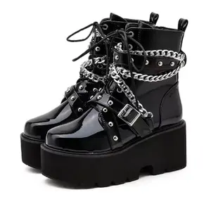 Women Boots Square Heel boots platform shoes goth Band Thigh High Shoes Black Spring winter boots comfort boots