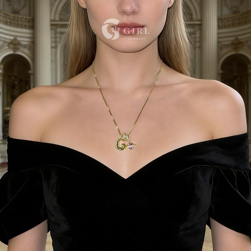 GGlRL Bubble Letter  Necklace Initial Heart Necklace for Women Man Pink Cubic Zirconia Pendant Letter Diamond 18KGold Plated Fashion Jewelry Gift For Holiday Christmas Birthdays Anniversaries