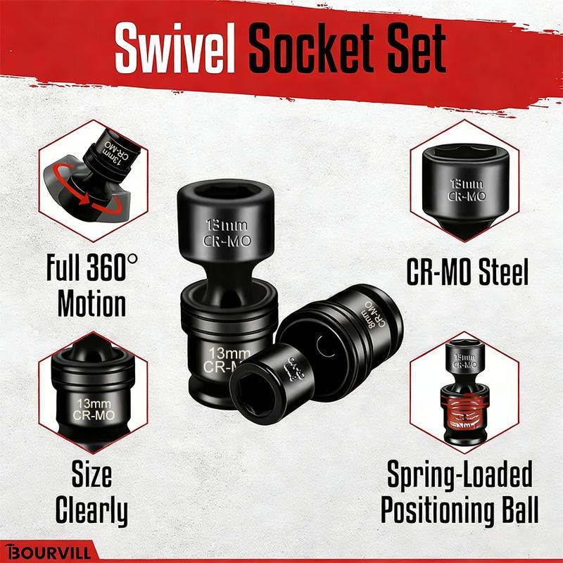 15-Piece 3/8" Drive Shallow Universal Impact Socket Set, 6-Point, Metric, 8-22mm, 15-Piece Swivel Socket Set, Metric Flexible Wobble Sockets, CR-MO Steel