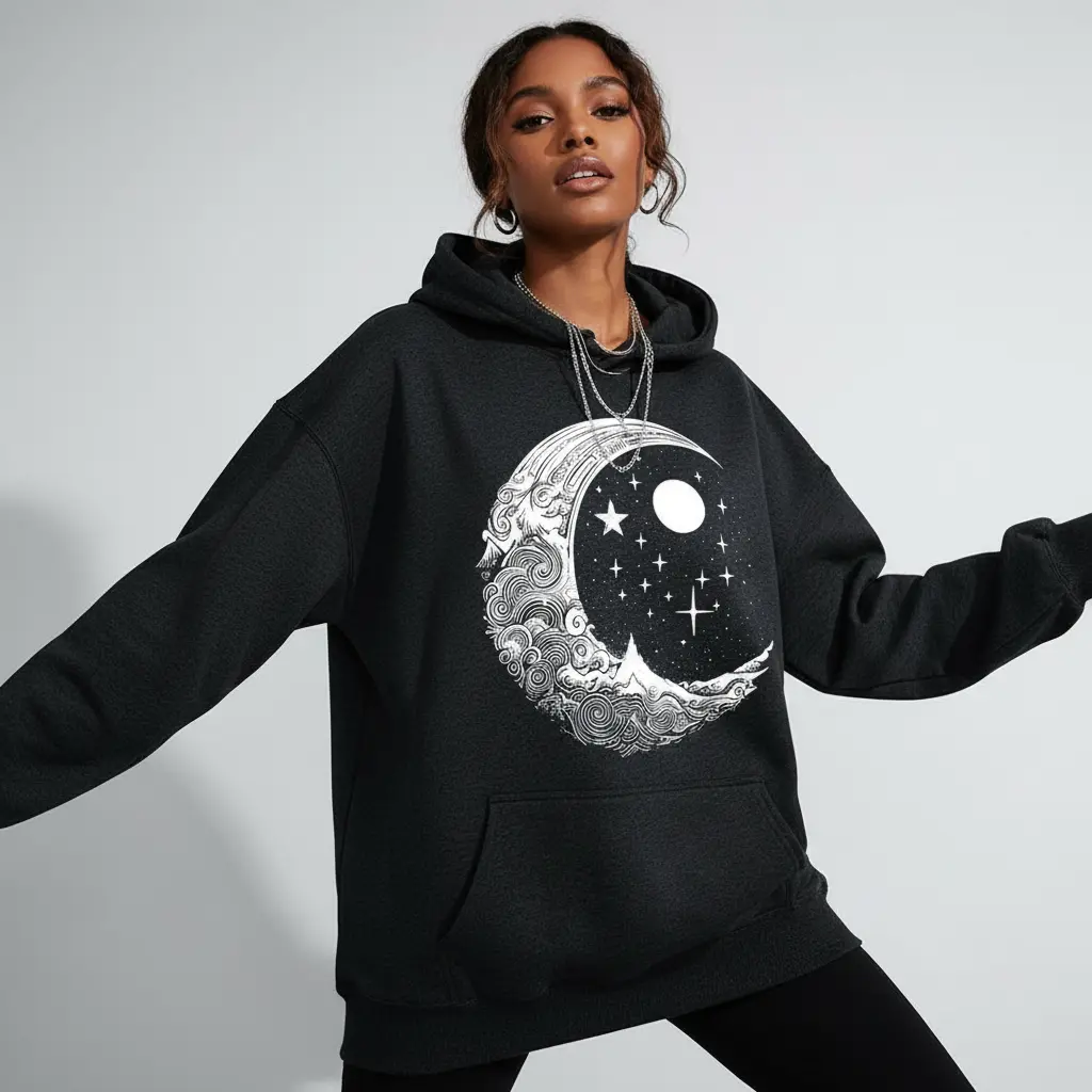 Women's Fitted Cotton-Polyester Full-Sleeve Pullover Hoodie - Moon and Stars Photorealist Durable Print, Casual Wear, Outfit Inspiration, Sporty Chic Top for Everyday Comfort