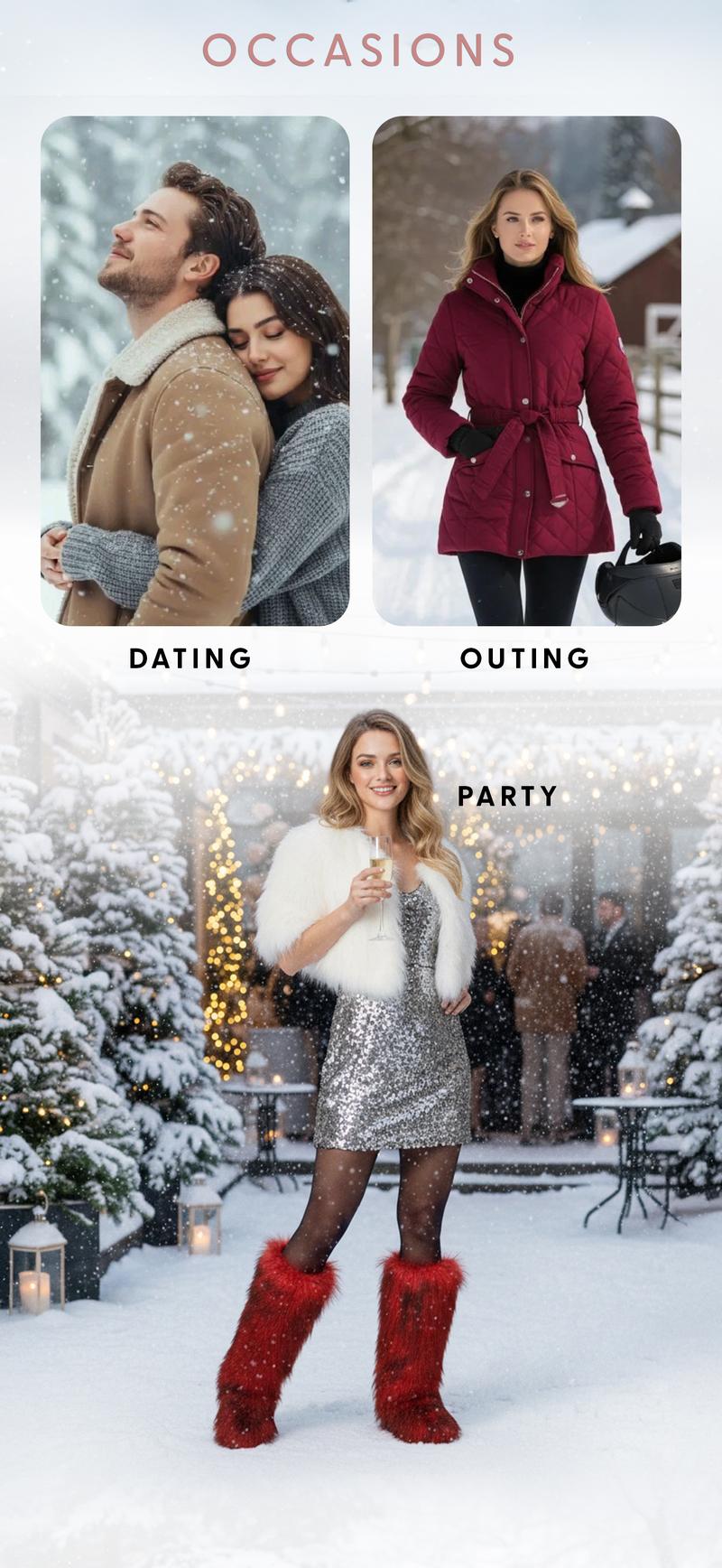 Fur Knee High Boots For Women Round Toe Flat Heel Pull On Comfortable Warm Boots Fashion Party Dress Fluffy Furry Trendy Womens Boots Valentine Shoes