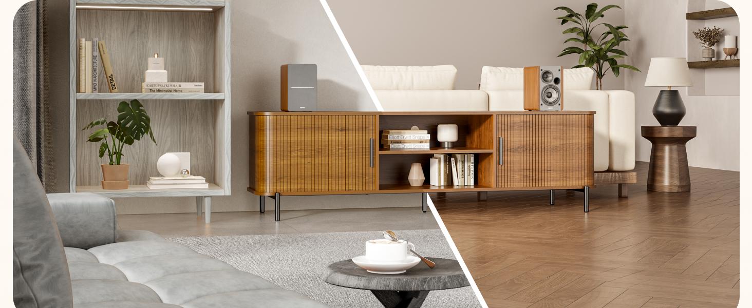 Fluted TV Stand & Storage Cabinet, Sliding Tambour Doors, Open Shelves, Modern Media Console for Living Room, Bedroom & Kitchen