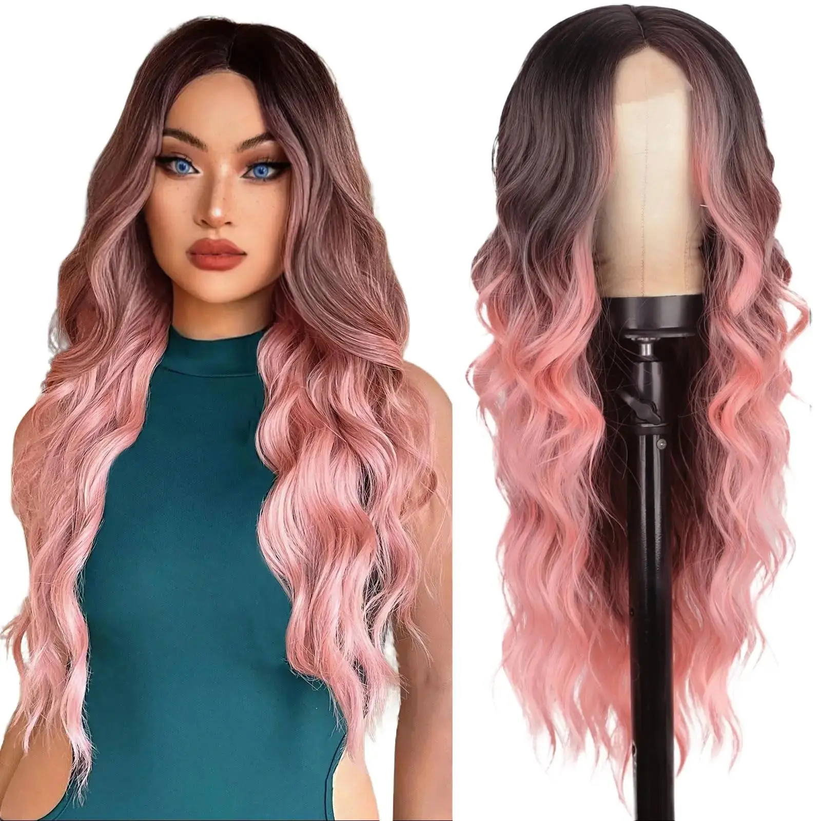 AISI HAIR 26inch Long Wavy Wig for Women Middle Part Curly Wavy Wig Natural Looking Synthetic Colored Heat Resistant Fiber Wig Pink Style Hairline Ombre Wavy Wigs Layered Wigs