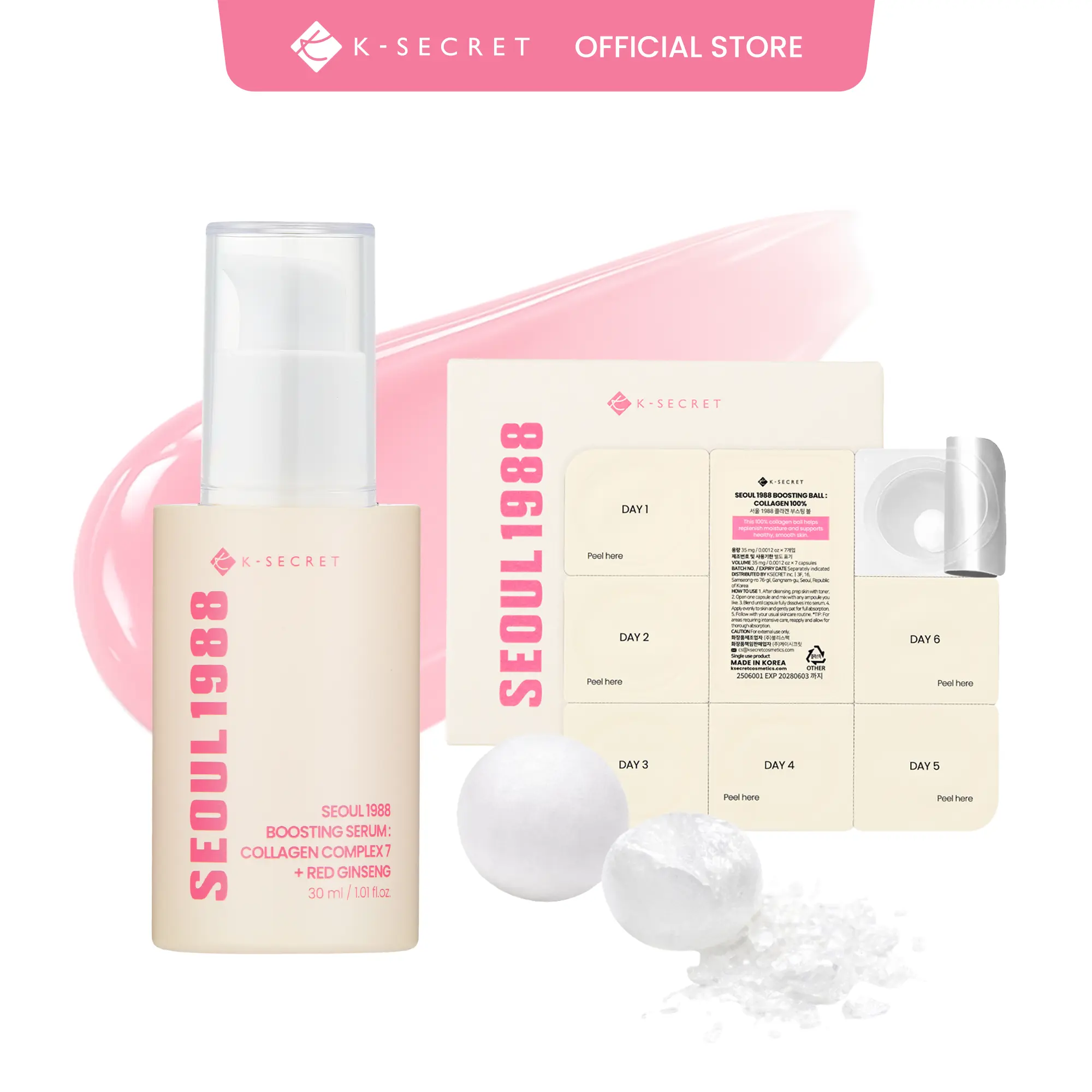 [KSECRET Official] SEOUL 1988 Pink Collagen Boost Duo | Collagen Boosting Serum + Freeze-Dried 100% Hydrolyzed Collagen Ball | Nourishing Care for Dry Skin & Fine Lines