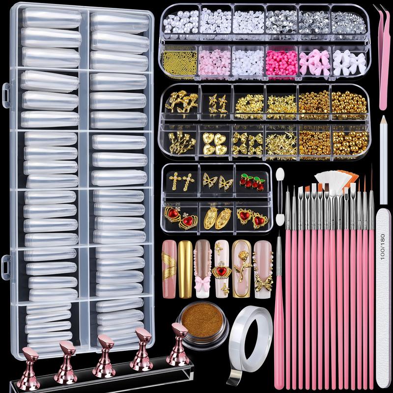 Teenitor Square Nail Tips with Nail Charms Nail Art Brushes, 240pcs XXL Fake Nails with Nail Stand for Extensions, Clear Acrylic Nail Tips Gel Nails Long Full Coverage