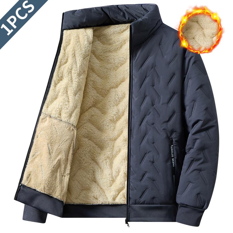 Men's Sherpa Lined Thickened Jacket - Winter Warm Coat with Stand Collar, Full Zipper Design, Windproof Outer Layer, Side Pockets, Stretch Cuffs & Hem, Suitable for Casual Outings loose fit outerwear classic solid color