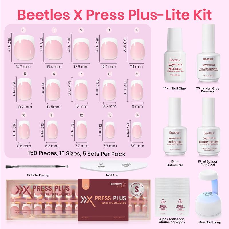 Beetles X Press On Nails Kit Short Square French Tip with 150Pcs Pink Tips Glue Remover Top Coat & Nail Lamp for Flawless DIY Nails