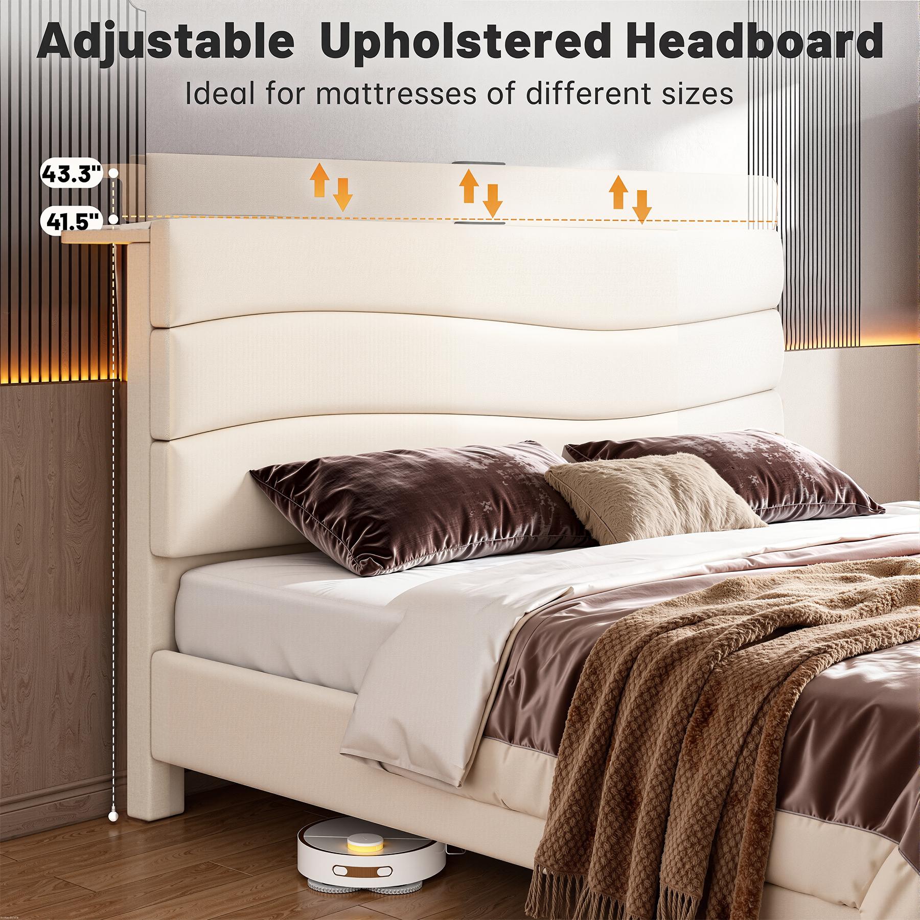 【Jumpstar On Sale】Raybee Modern & Quiet Luxury Upholstered Bed Frame with Adjustable Headboard【Frame ONLY,No Box Spring Needed】Center Support & Noise-Free Wooden Slats,Built-in Charging Station,Heavy Duty&Easy Assembly,The perfect first bed for teenagers