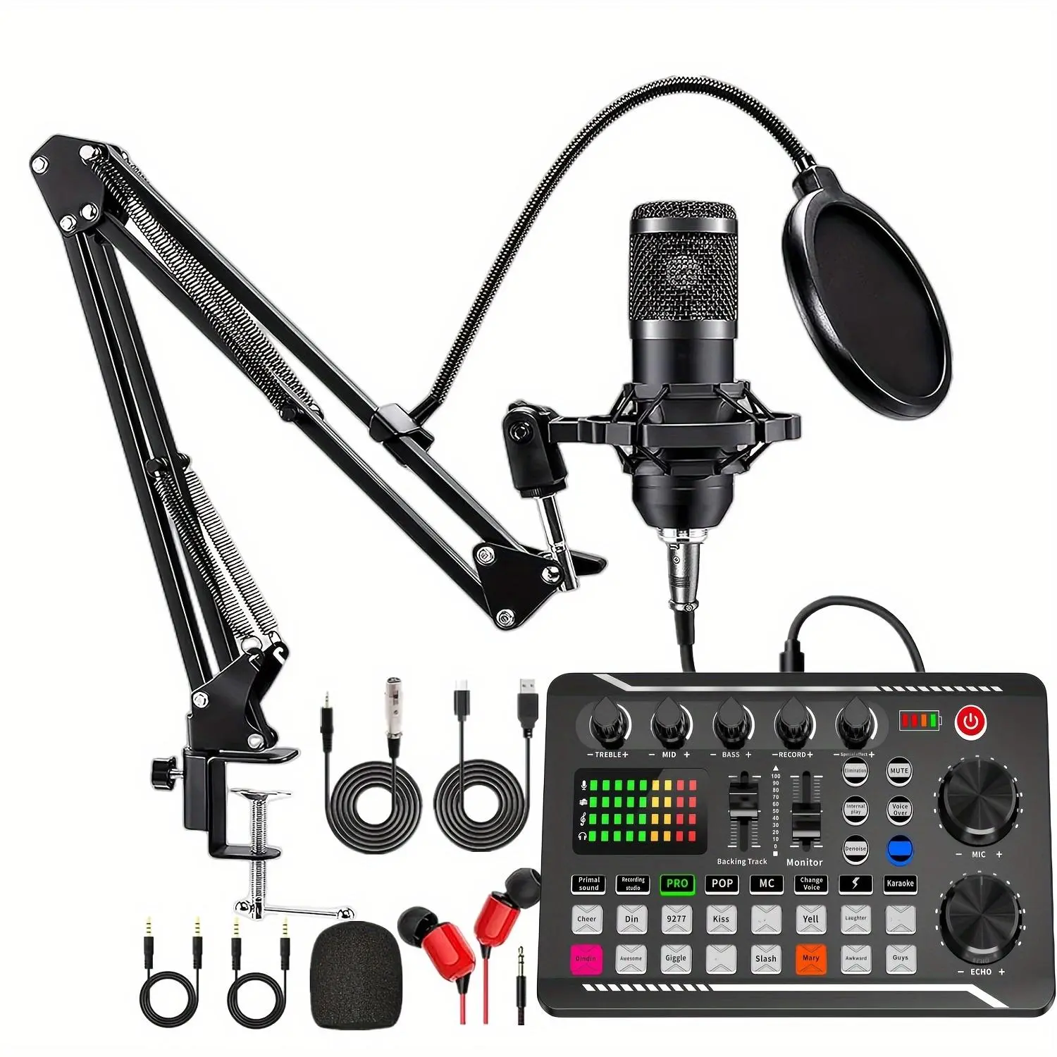 Podcast Equipment Bundle (1 Set), USB-Rechargeable Podcast Microphone with Voice Changer, Live Audio Mixer and Adjustable Condenser Mic, Recording Studio Package with USB Audio Interface and Headphones, Singing Mic