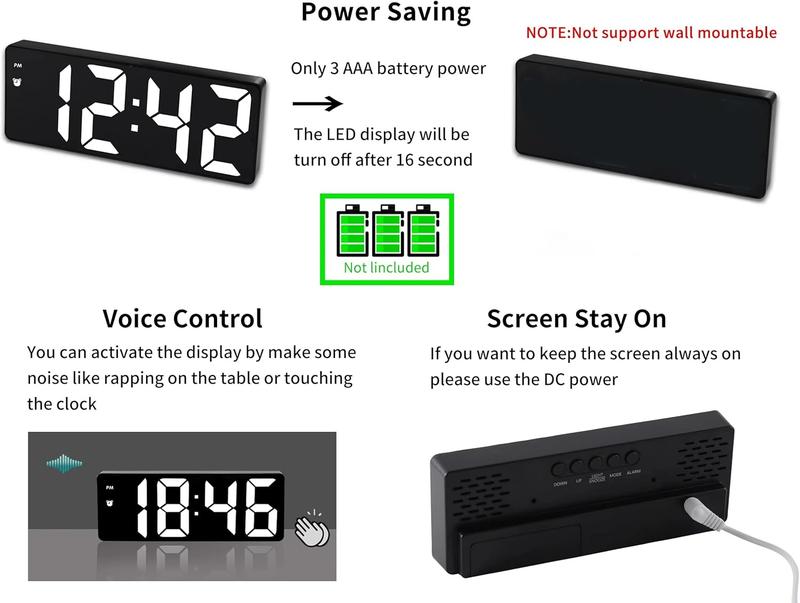 Mini Size Mirror LED Clock Simplicity Colorful Alarm Clocks Ultra Portable Travel Bedroom Bedside Clock 12/24H Display 6.3inches Large Display LED Digital Snooze Time Date Temperature Memory 3 Brightness Adjustable USB/Battery Powered Living Office Desk