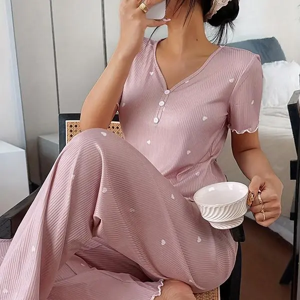 Women Heart Print Striped Pajama Set, Short Sleeve V‑Neck Button‑Up Top With Ruffle Wide Leg Pants, Soft Loungewear Two‑Piece Outfit