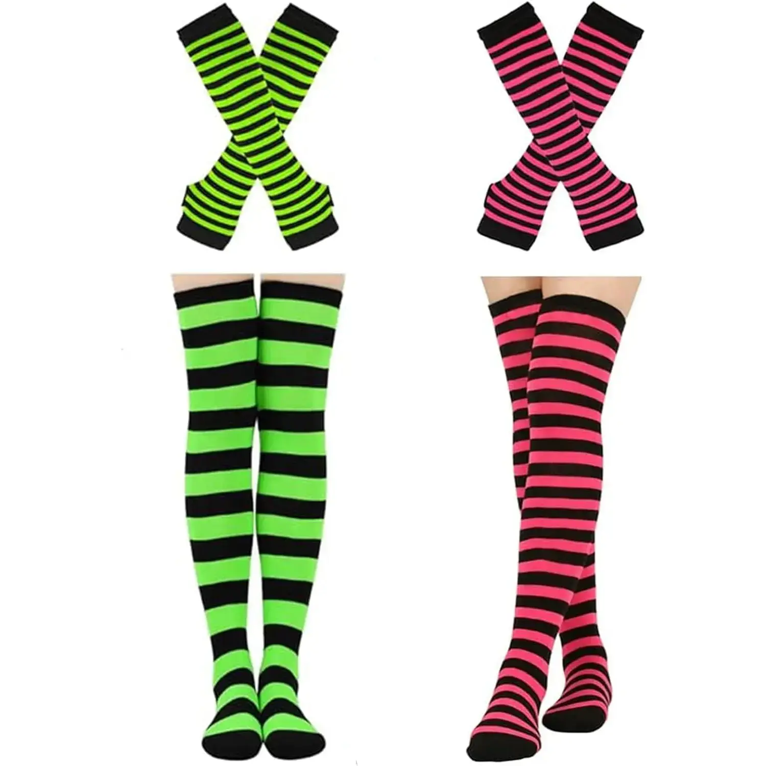 Striped Knee High Socks and Long Fingerless Arm Warmers Set for Women, 2/4 Pack Knitted Costume Accessories for Halloween 80s Party, Lady, Clothes, Thigh High, Skateboard