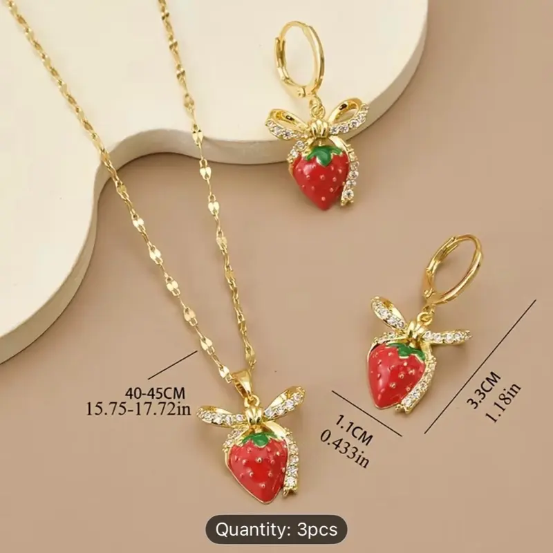 Cute Strawberry Pendant Necklace & Earrings Set – Gold Plated Fashion Jewelry (3PCS)