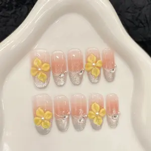 3D Yellow Flower Press on Nail,Cute Light Pink Oval Nail,Glitter Silver Cat Eye French Tip Nail,Handmade Nail,Spring Floral Nail For Women Girls