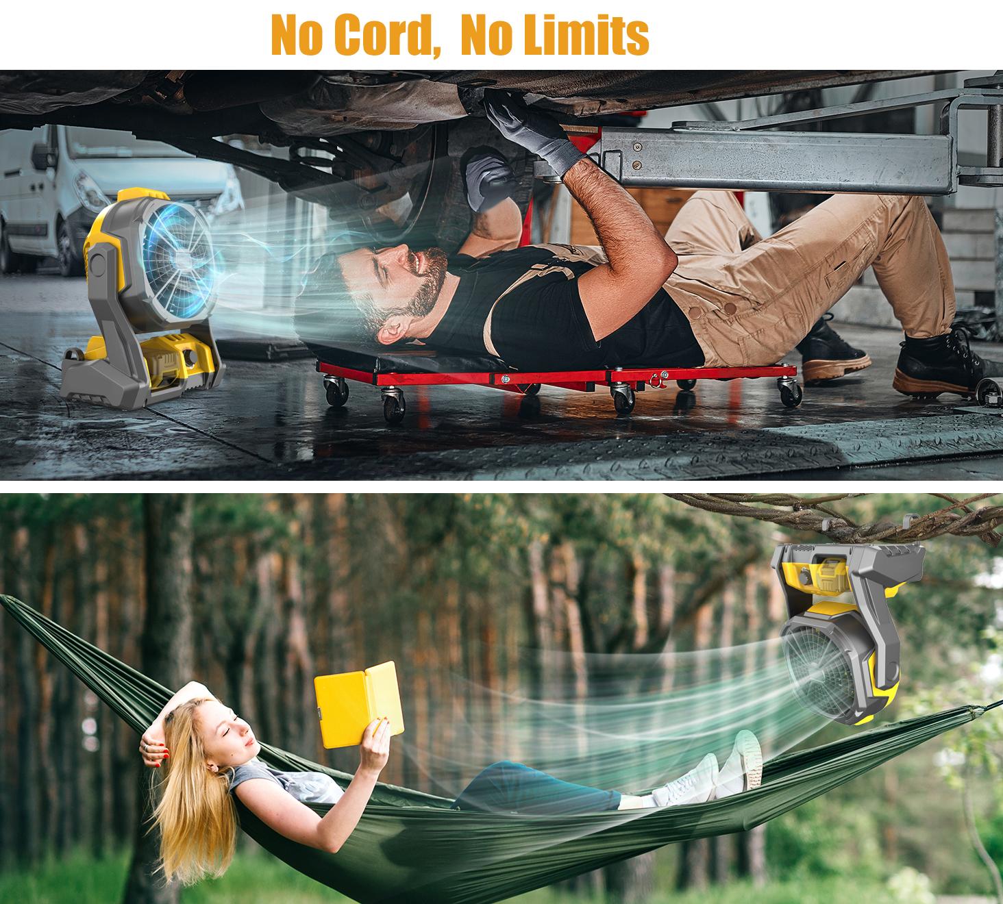 High Velocity Adjustable Cooling Rechargeable Fan for DeWalt 20V Max Battery, Cordless Battery Operated Fan with LED Lights & Hanging Hook, Variable Speed, for Jobsite & Camping(Battery Not Included)