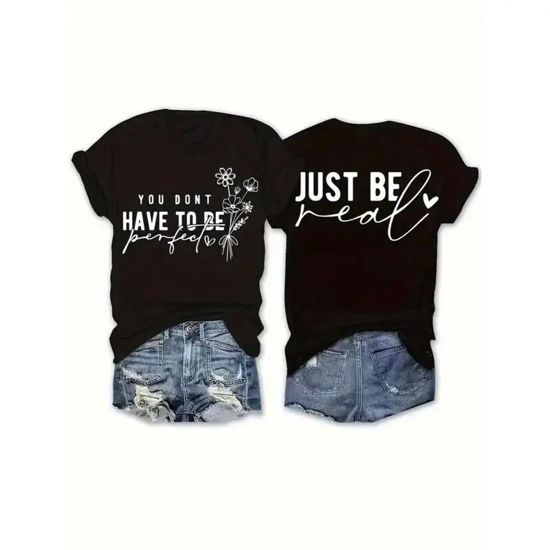 Women's Double Sided Floral and Motivational Quote T-Shirt - 100% Cotton Slim Fit Casual Tee with "You Don't Have to Be Perfect" Printed Machine Washable Top for Casual Spring and Summer