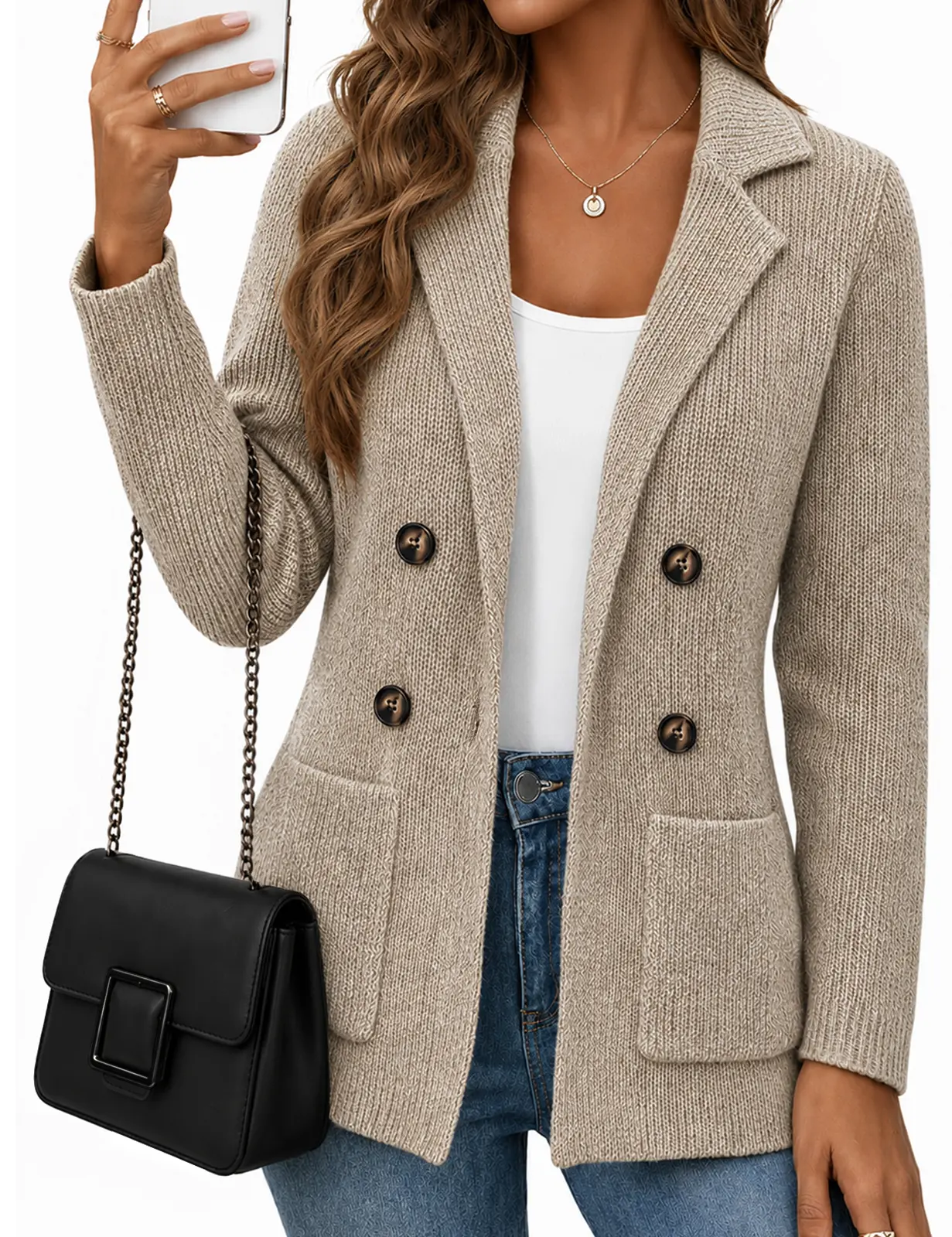 CiCiBird Women's Fall Dressy Casual Knit Cardigan Blazer - Lightweight Soft Fabric, Double Breasted, Lapel Collar, Button Down, Long Sleeves, Front Pockets, Everyday Basic Fit, Polished Office Layering Piece, Women's Clothes, Sweaters, Dressy Casual Tops
