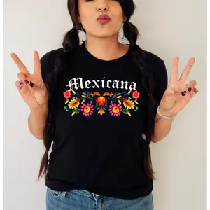 Mexicana floral shirt,Playeras Mexicanas,Mexico shirt folk,Mexicana flowers shirt,Mexican shirts,Hispanic heritage month,Mexicana Graphic T-shirt Cotton Top, Womenswear Summer