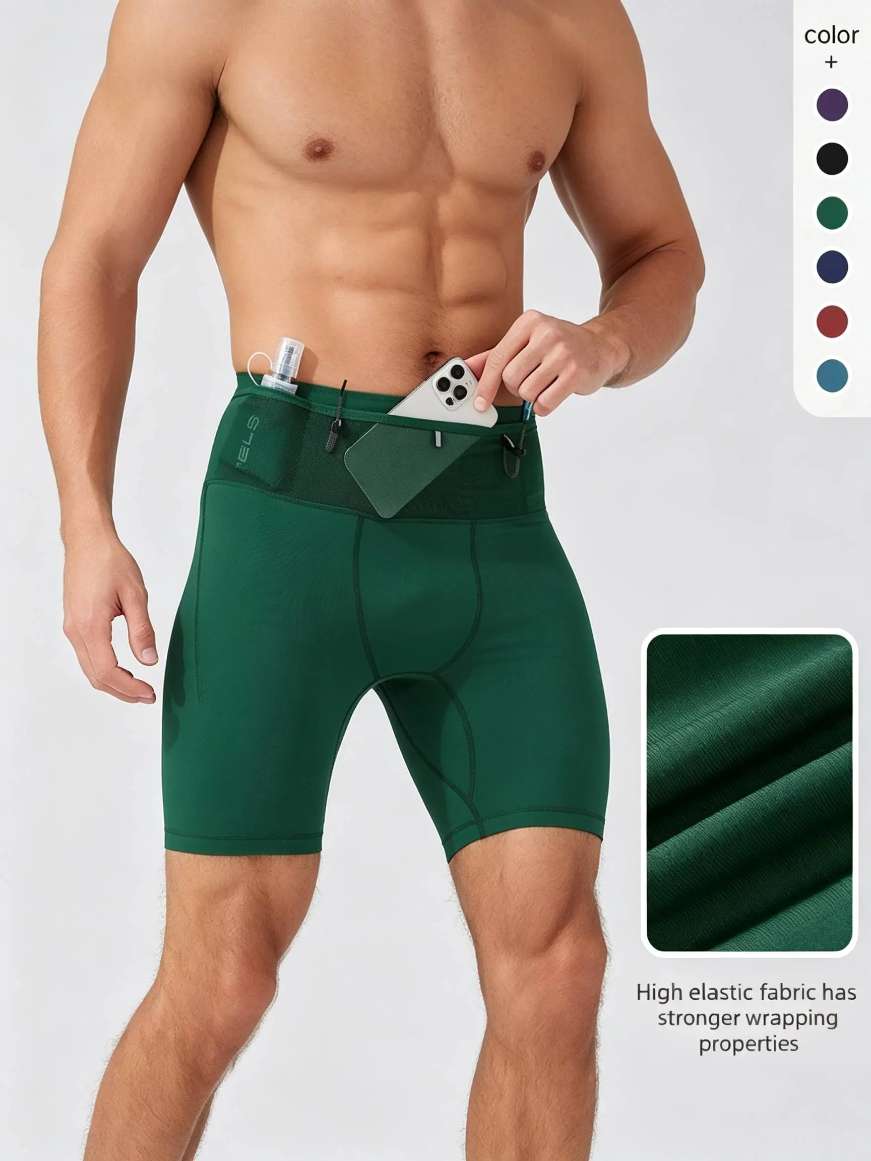 Men's Compression Running Shorts with Multi-Pockets, High-Stretch Spandex Athletic Cut for Marathon & Fitness Workouts, Athletic Cut Shorts, Elastic Sporty Shorts