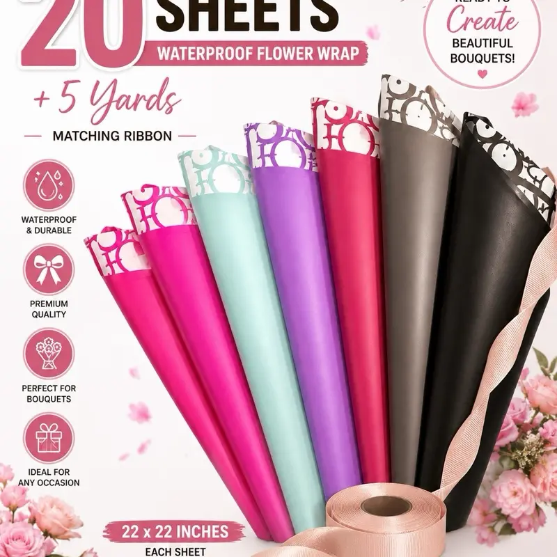 Bouquet Wrapping Set, 20 Sheets 22x22 In Waterproof Flower Wrap + 5 yds Matching Ribbon, Coordinated Office & Gift Wrapping Supplies