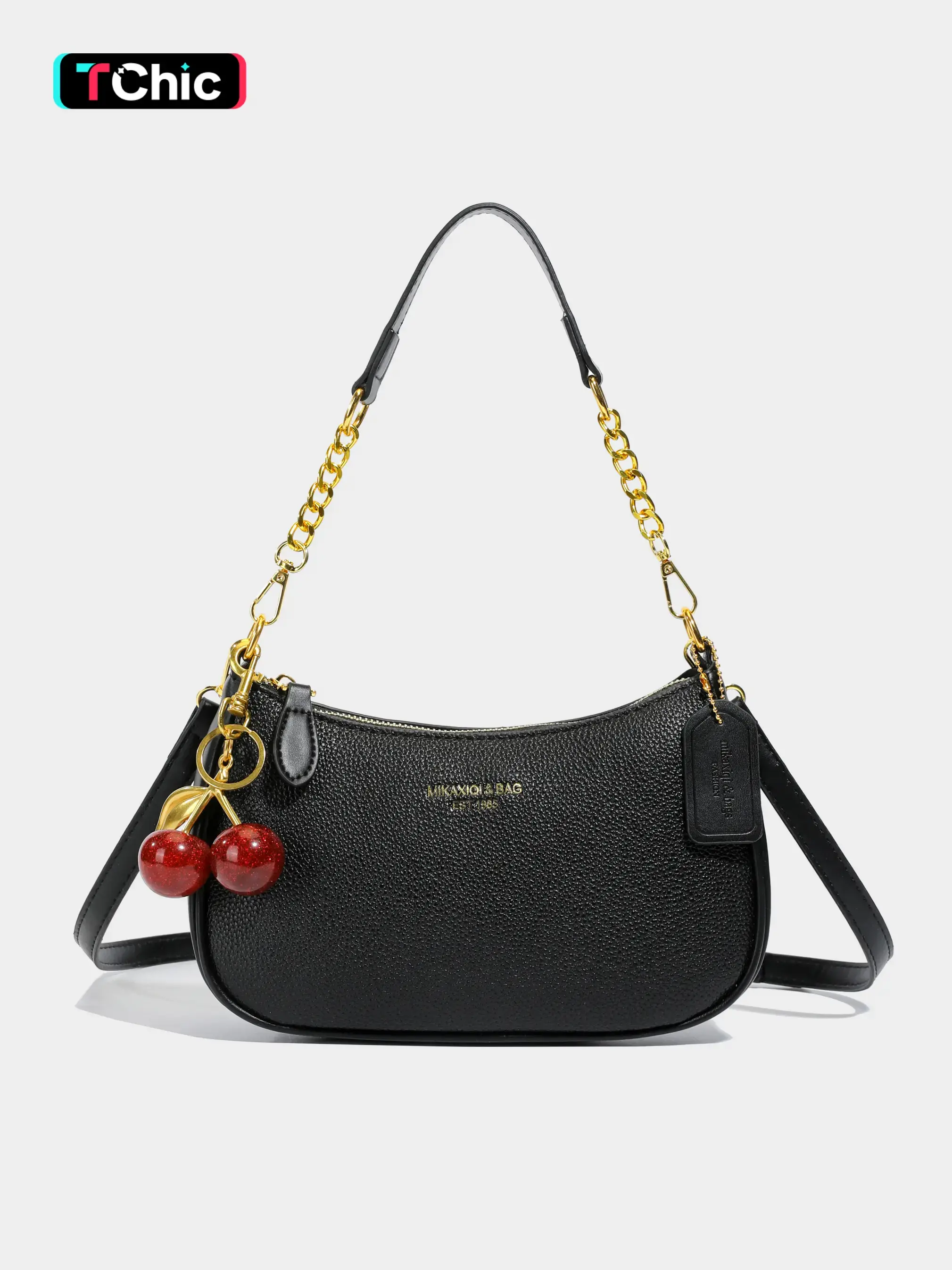 Small Classic Sweet Handbag, Niche Lychee Textured Design, Chain Bag with Cherry Pendant, Exquisite Fashion Versatile Commuter Shoulder Bag, Suitable for Commuting, Shopping and Daily Use