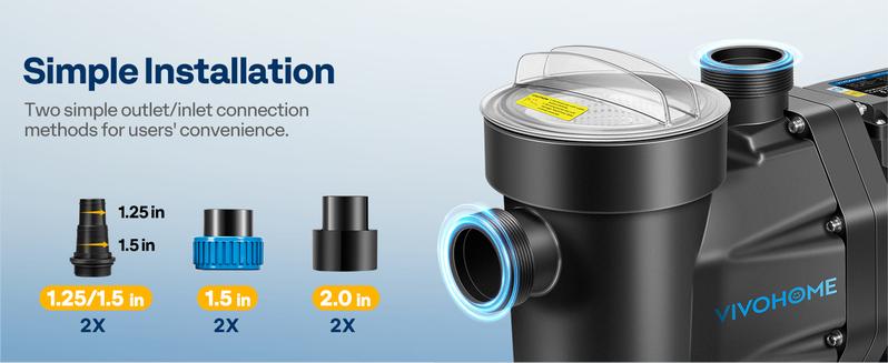 VIVOHOME 2.0HP 6500 GPH 115V Pool Pump, Self-Priming Energy Saving, 1.25" & 1.5" & 2" Inlet w/Strainer Basket for In/Above Ground Pools