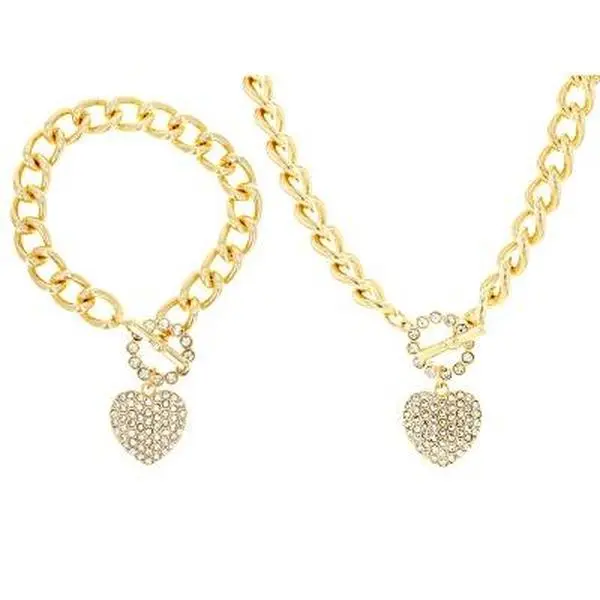 Playful Heart Shape Necklace & Bracelet Set, Gold Tone Cuban Link with Crystal Pave, Casual Jewelry with Toggle Closure, Set Pair, Arm Candy Accessories