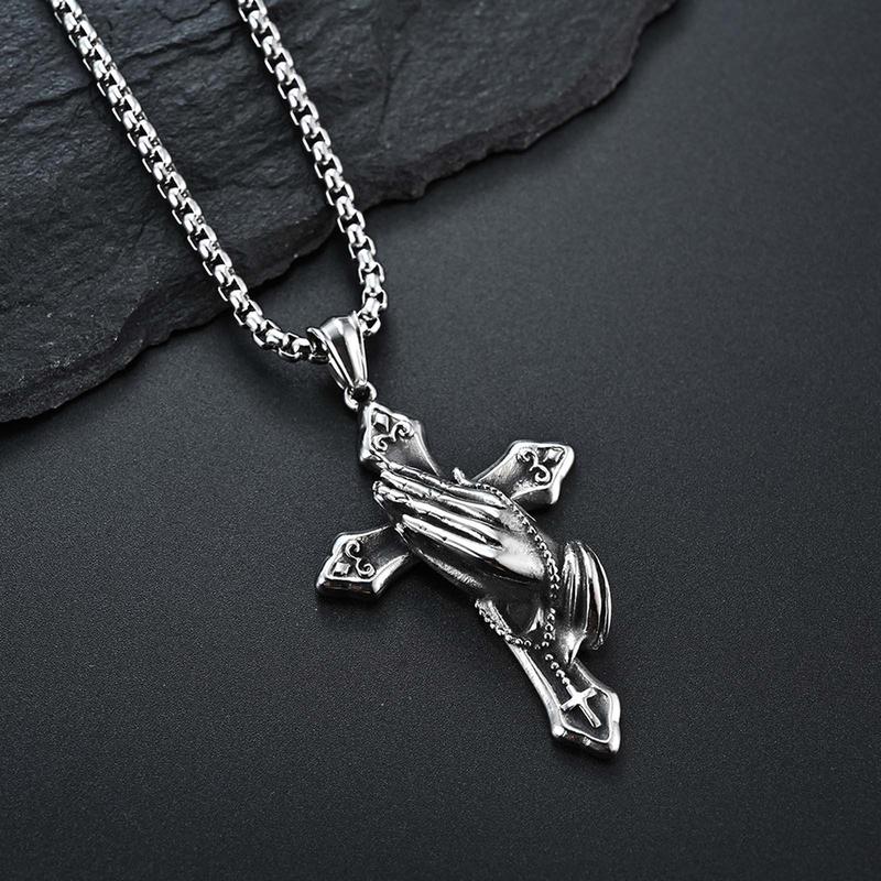 KISSFOO Stainless Steel Praying Hands Cross Necklace Prayer Accessories for Men and Women