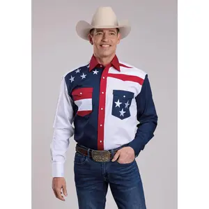 Roper Americana Mens Blue Blue 100% Cotton L/S Embroidered Stars Western Shirt