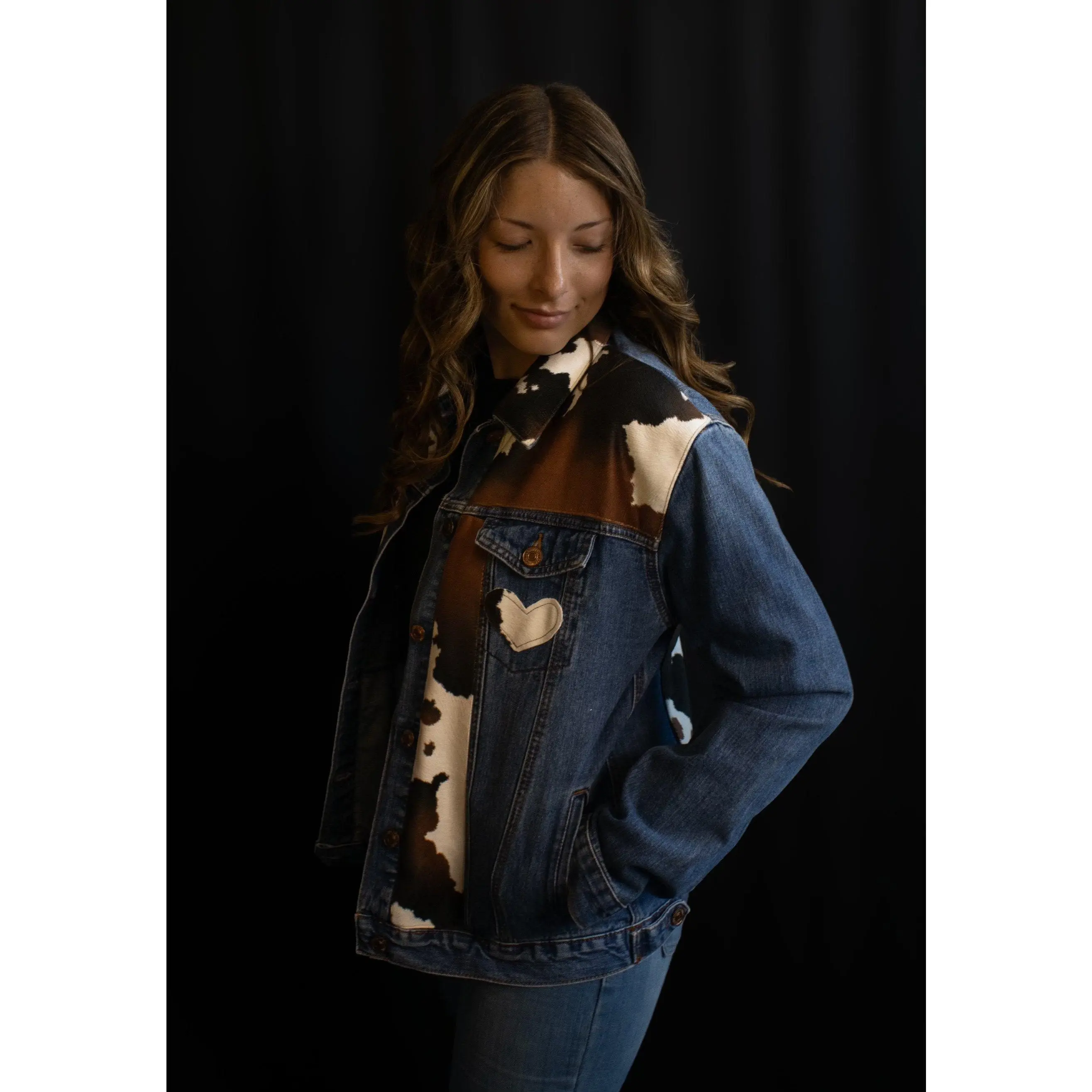 'Ranch Cowgirl' Jacket - Western Style Denim & Cowprint Mix Fashionable Women's Medium Fit Outerwear