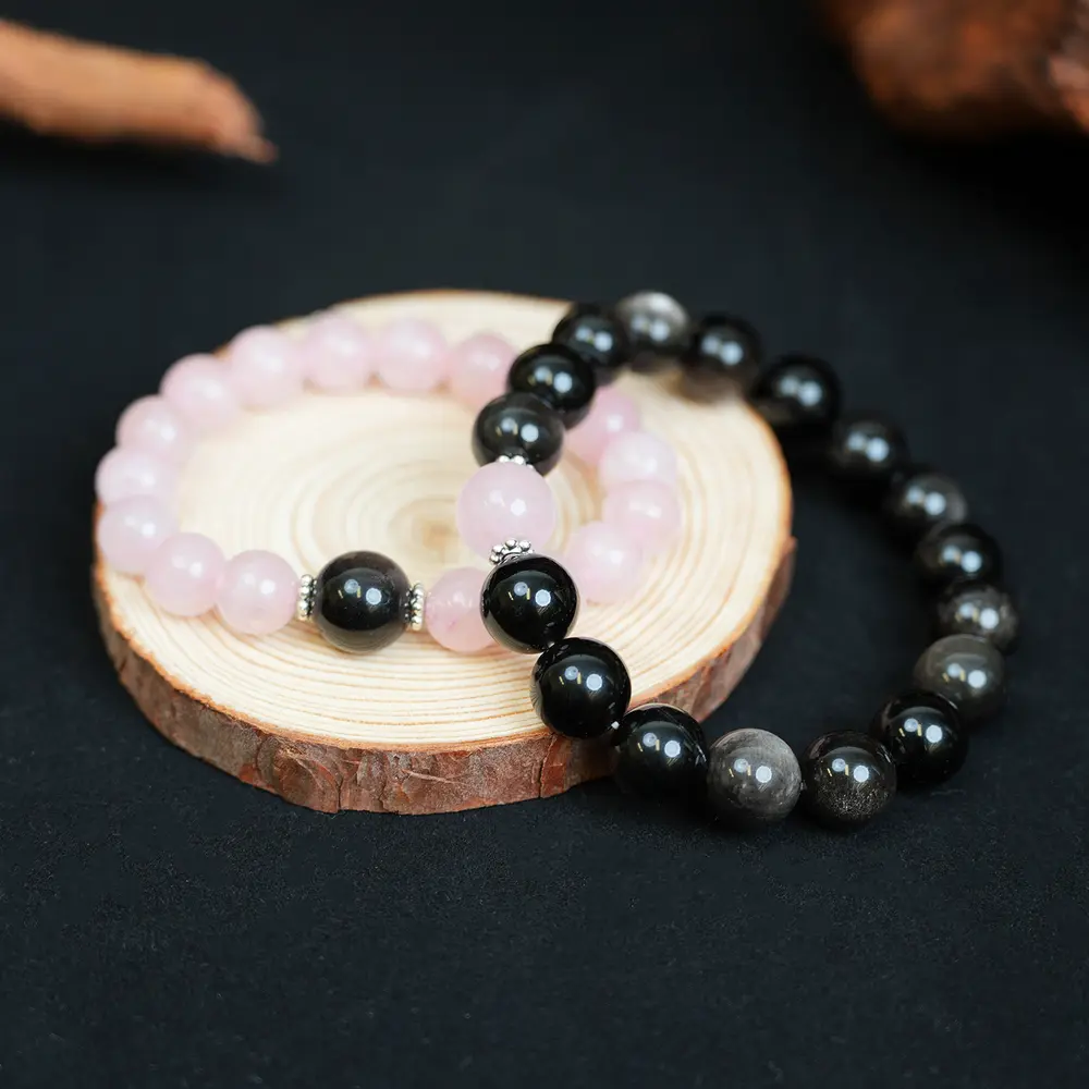 LUMAWU Unisex Couple Beaded Bracelet Set - 12mm Silver Obsidian, 10mm Rose Quartz, Couple Echoing Pair Design, Costume Jewelry for Casual Daily & Dating Occasions, Couple Echoing Design