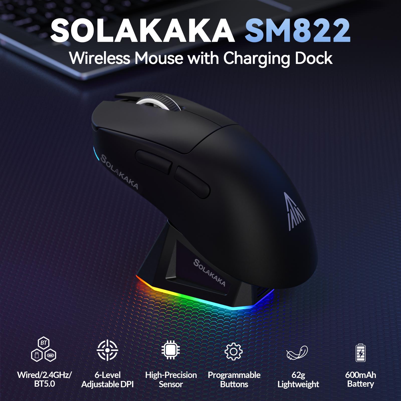 SOLAKAKA SM822 Wireless Gaming Mouse with RGB Charging Dock Tri-Mode Wireless PAW3311 Optical Sensor 24000DPI 62g Lightweight 5 Programmable Buttons for PC Laptop