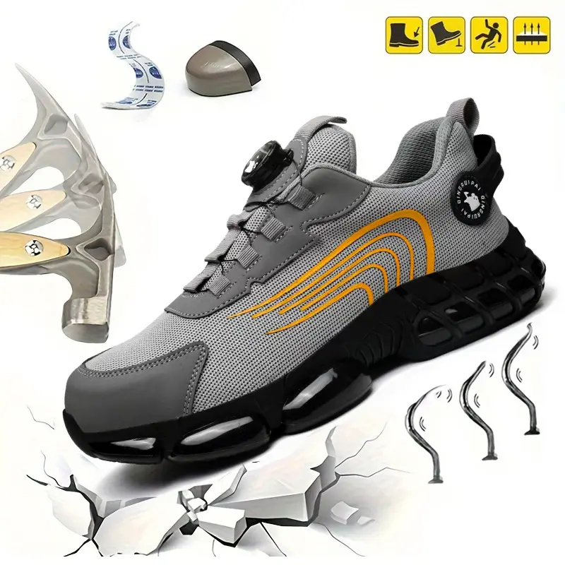 Men's Steel Toe Sneakers - Slip-On Round Toe Work Safety Shoes with Striped Breathable Mesh, Anti-Slip Sole, Puncture Protection for Outdoors