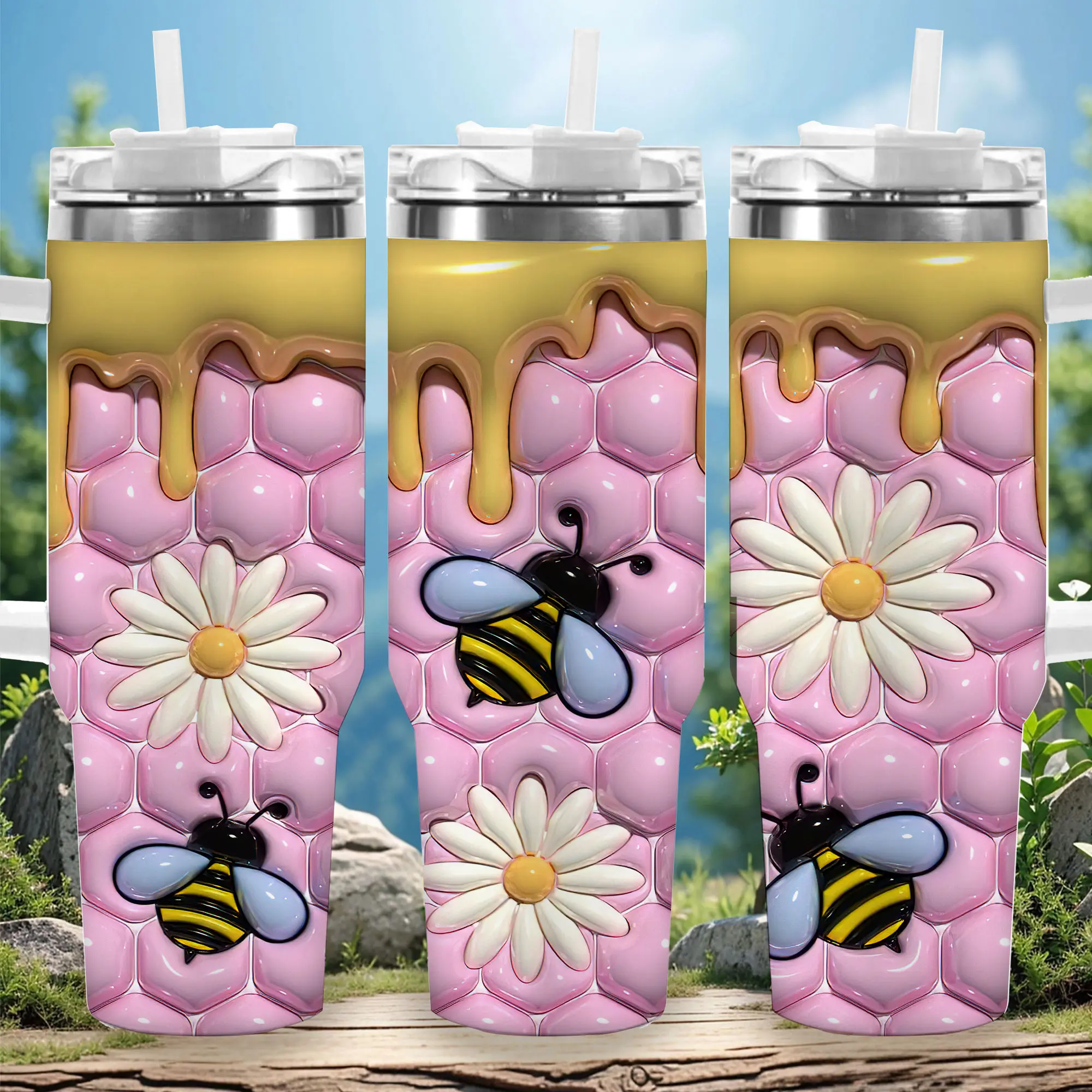 1pc 40oz Pastel Honeycomb Bee Daisy Insulated Travel Tumbler with Lid - Vacuum Flask Coffee Cup, Unique Gift for Women, Ideal for Birthday, Halloween Celebrations, Flasks