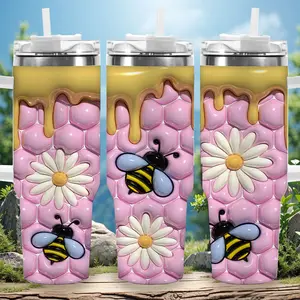 1pc 40oz Pastel Honeycomb Bee Daisy Tumbler with Lid, Insulated Travel Mug, Gift for Women Men, Ideal for Halloween, Independence Day, Memorial Birthday Gift, Coffee Cup, weird stuff